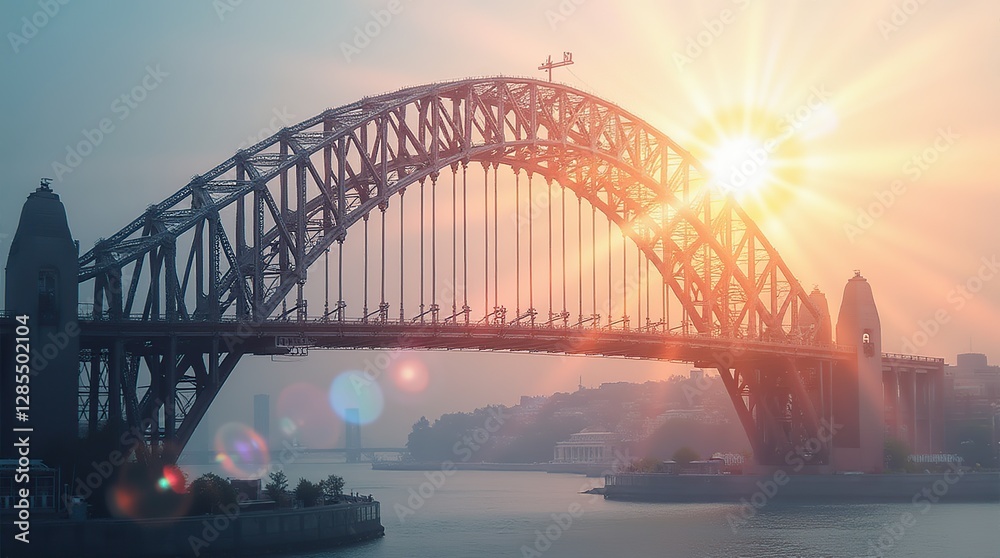 Fototapeta premium Sydney Harbour Bridge at Sunset with Radiant Sunlight and Lens Flare Effect