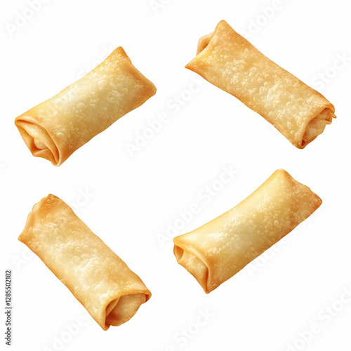 Realistic illustration of crispy golden spring rolls with a crunchy texture and delicate bubbles on the surface, isolated on transparent background. photo