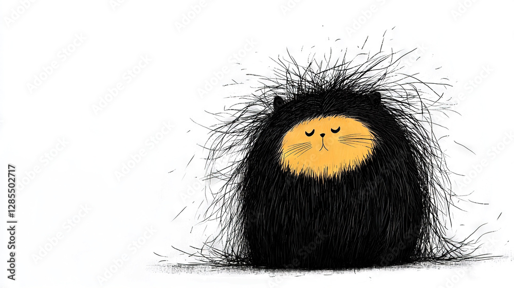 Obraz premium A depiction of a black and yellow cat with closed eyes and raised fur on its back