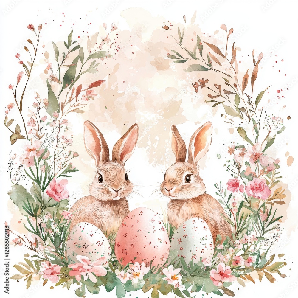 Cute Bunny Rabbits Surrounded by Colorful Easter Eggs and Flowers Cute Bunny Rabbits Surrounded by Colorful Easter Eggs and Flowers
