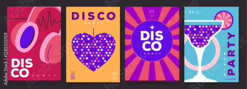 Set of retro disco party posters, covers or banners with disco ball. Disco background. Flat design. Vector illustration