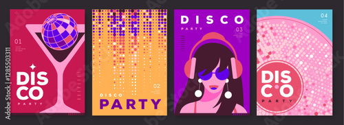 Set of retro disco party posters, covers or banners with disco ball. Disco background. Flat design. Vector illustration