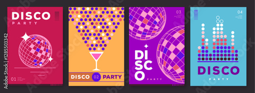 Set of retro disco party posters, covers or banners with disco ball. Disco background. Flat design. Vector illustration