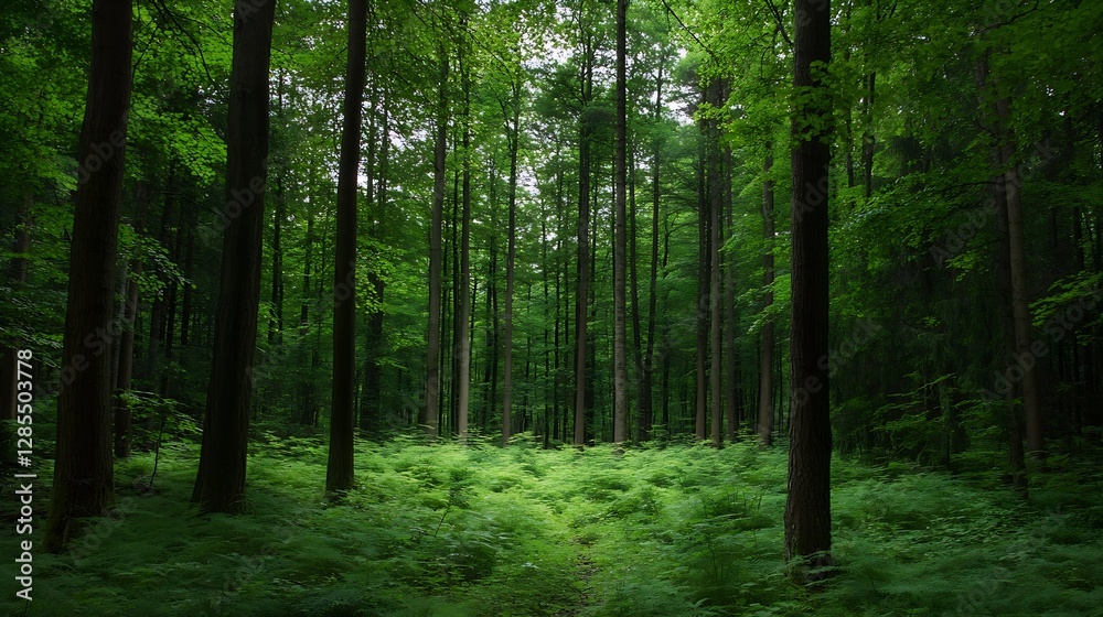 Lush green forest trail surrounded by towering trees and vibrant ferns in nature : Generative AI Lush green forest trail surrounded by towering trees and vibrant ferns in nature : Generative AI