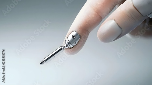 A close up view of a cyborg s finger with an advanced micro tool emerging from beneath the metallic futuristic surface showcasing the of technology and the human body photo