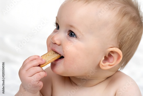 A baby chewing on a teething biscuit, drool visible on their chin as they explore the taste