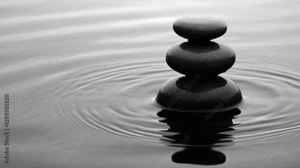 Serene stacked stones on calm water surface. Serene stacked stones on calm water surface.