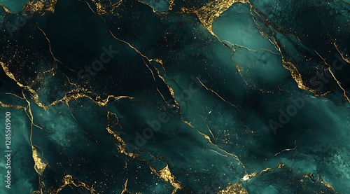 Dark green, gold and black marble seamless texture background with gold veins