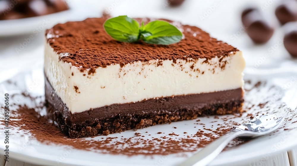 Delicious Slice of Chocolate Dessert with Cream Topping and Mint Leaves Garnish : Generative AI Delicious Slice of Chocolate Dessert with Cream Topping and Mint Leaves Garnish : Generative AI