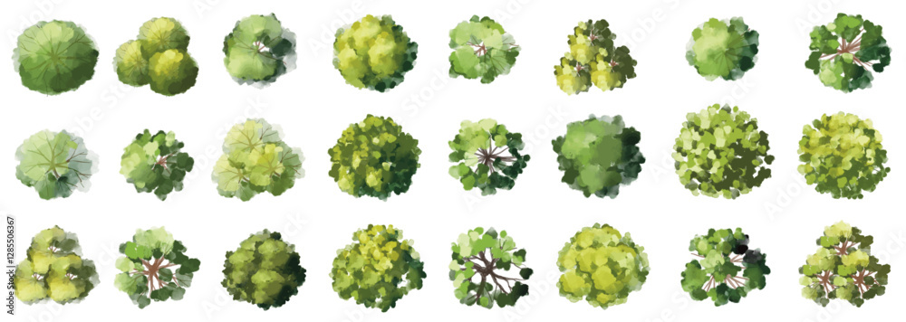 Vector watercolor green tree or forest top view isolated on white background for landscape plan and architecture drawing,plant for environment or garden,botanical element for exterior layout