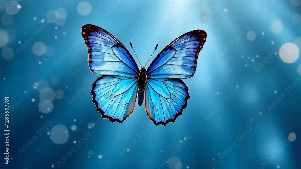 Graceful blue butterfly in soft light with sparkling bokeh on a dreamy background