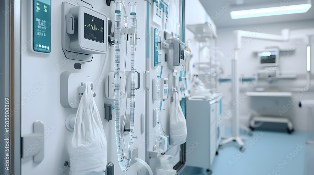 Fototapeta premium A photo showcasing the detailed view of medical equipment and apparatus used for intravenous fluid transfusion including IV tubing clamps and bags in a laboratory or clinic setting