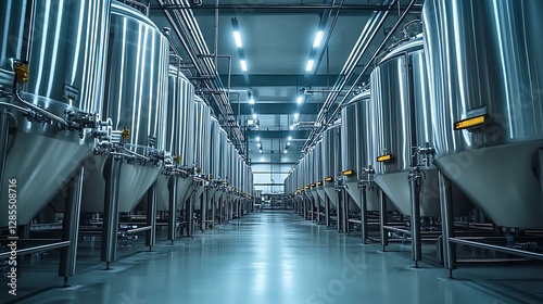 Industrial dairy production plant. Rows of large stainless steel tanks for milk storage, processing. Pipes