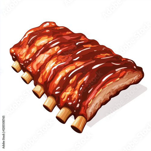 Single rack of barbecue ribs glazed with thick BBQ sauce, ideal for grilling or dinner-themed designs
