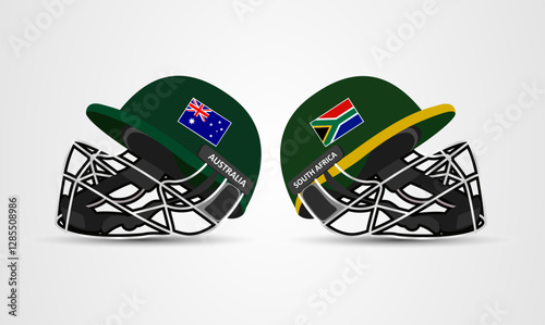 Australia vs South Africa Cricket batting helmet with protective grill isolated on white background, vector illustration