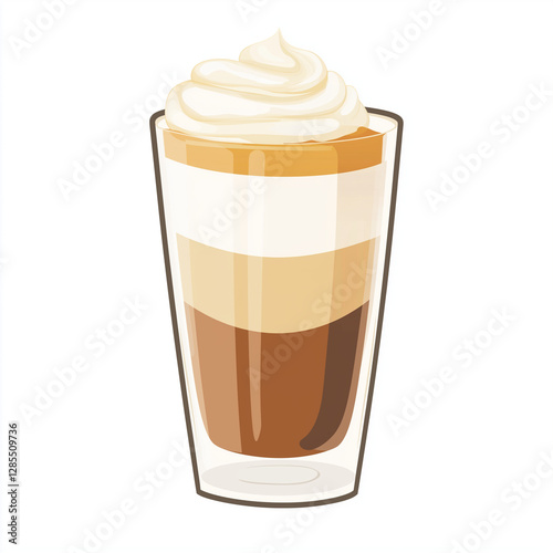Layered caramel macchiato in a tall glass, topped with whipped cream, perfect for coffee-themed designs and illustrations