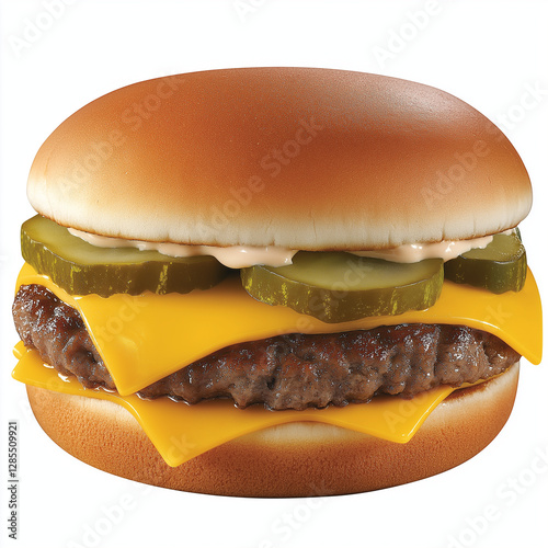 Delicious cheeseburger with pickles, cheddar cheese, and a beef patty in a soft bun, ideal for food-themed vector illustrations