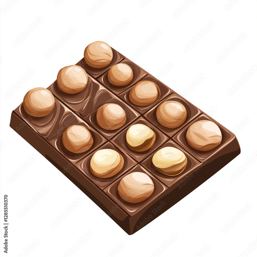 Milk chocolate bar topped with whole hazelnuts, perfect for dessert, snack, and confectionery-themed vector designs Milk chocolate bar topped with whole hazelnuts, perfect for dessert, snack, and confectionery-themed vector designs