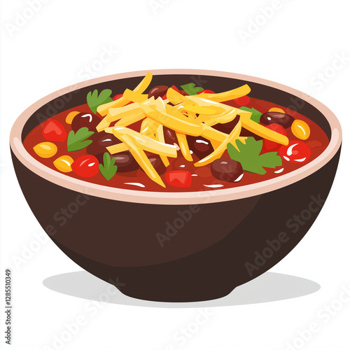 Dark bowl of chili topped with melted cheese, black beans, cherry tomatoes, corn, and cilantro, ideal for comfort food and Mexican-themed vector illustrations