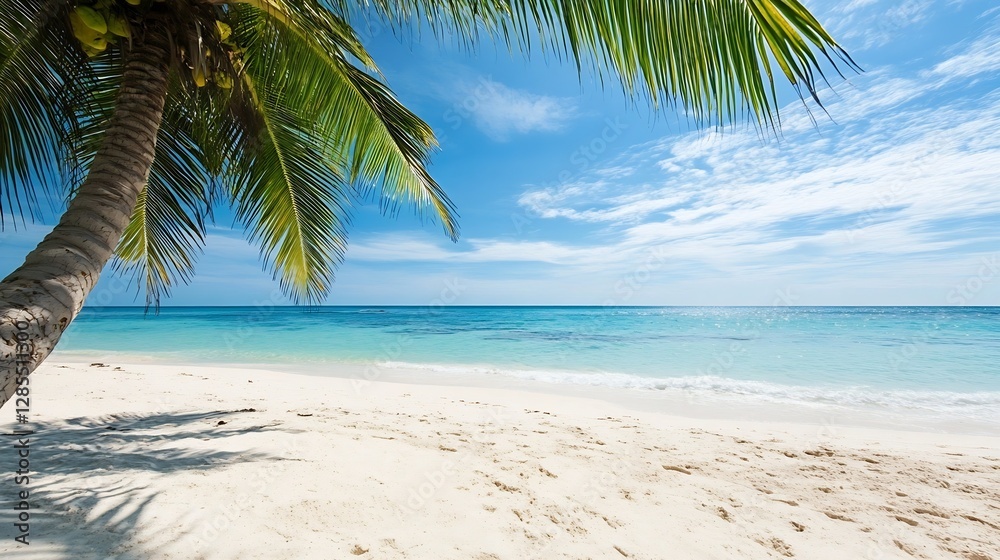 Obraz premium Idyllic tropical beach with palm trees and clear turquoise water : Generative AI