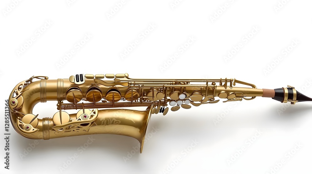 Obraz premium Captivating Golden Saxophone with Intricate Key Details on White Backdrop Showcasing the Elegant and Refined Design of this Classic Wind Instrument