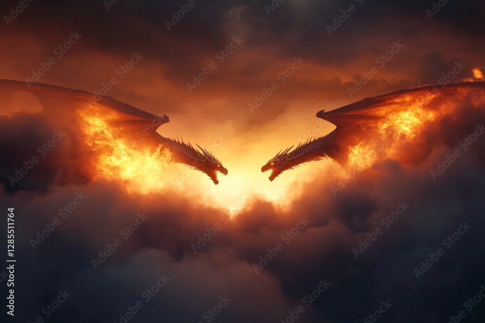 Fototapeta premium Dramatic duel between two mythical dragons surrounded by fiery clouds at sunset