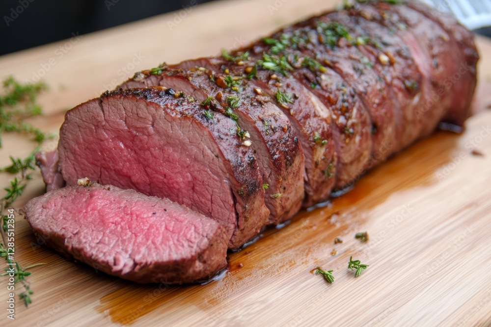 Perfectly roasted beef tenderloin sliced and garnished, ready for serving at a gourmet dinner Perfectly roasted beef tenderloin sliced and garnished, ready for serving at a gourmet dinner