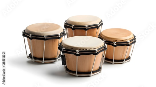 Close up image showcasing a set of bongo drums with natural drumheads placed against a plain white backdrop  The drums feature a warm photo