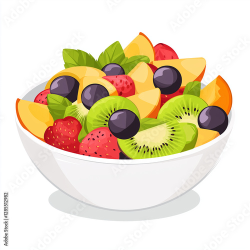 Bowl of mixed fruit salad with strawberries, peaches, kiwi, blueberries, and fresh mint leaves for a healthy snack.