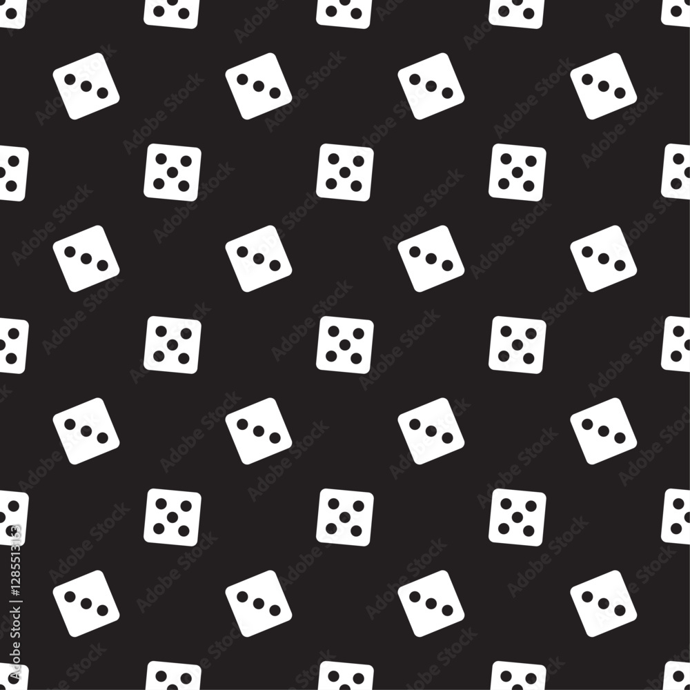 Gambling game dice, texture. Seamless pattern of white play dice cubes with dots on black background. Object to play in casino, dice from one to six dots. Wallpaper template Gambling game dice, texture. Seamless pattern of white play dice cubes with dots on black background. Object to play in casino, dice from one to six dots. Wallpaper template