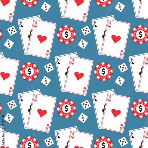 Seamless pattern with chips, dices, playing cards. Gambling items scattered on the table. Texture background. Wallpaper template.