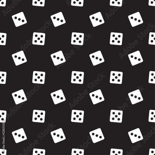 Gambling game dice, texture. Seamless pattern of white play dice cubes with dots on black background. Object to play in casino, dice from one to six dots. Wallpaper template