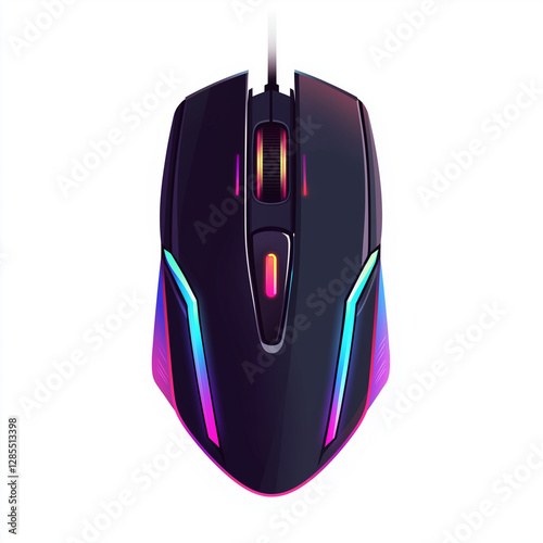 Top view of a black gaming mouse with vibrant RGB lighting, ergonomic design, and customizable buttons for precision control.