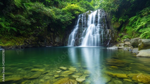 Lush Waterfall in Emerald Pool, Tranquil Forest Scene, Natural Beauty, Relaxing View, Ideal for Posters