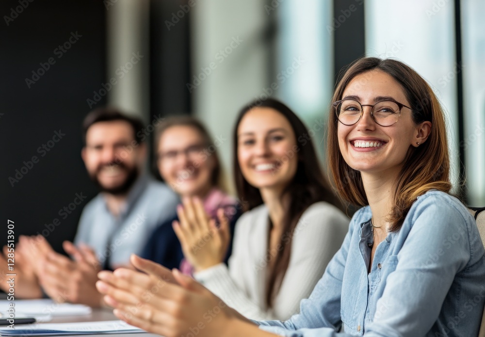 Obraz premium A group of people are sitting at a table and clapping. One woman is smiling. There are four people in the group
