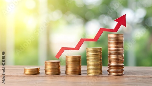 growth, Rising Financial Growth with Coins and Red Arrow Graph, financial, coins, arrow, graph, rising, money, investment, profit, wealth, increase, success, economy, finance, savings, business photo