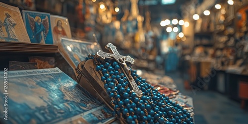 Rosary with blue beads and crucifix displayed in vatican souvenir shop photo