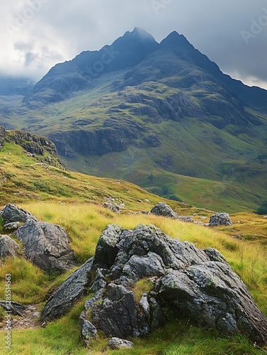 Scenic view of majestic mountains shrouded in clouds under a dramatic sky : Generative AI photo