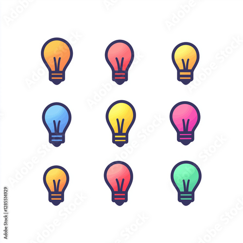 Set of vibrant light bulb icons in gradient colors, symbolizing new ideas, creativity, and innovation