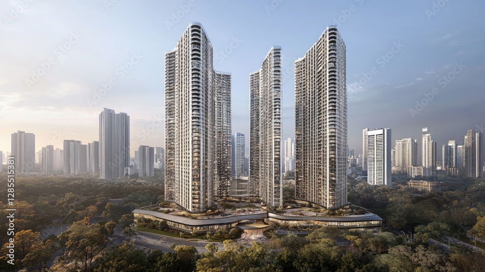 Obraz premium Modern Urban Skyscrapers Surrounded by Lush Green Environment