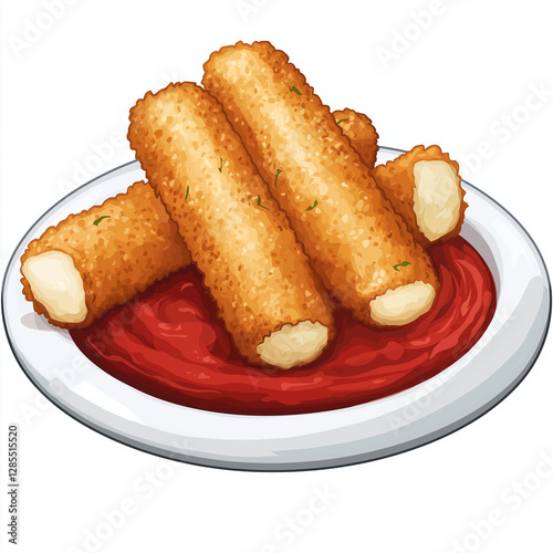 Golden mozzarella sticks arranged on a white plate with marinara sauce for dipping, showcasing a perfect cheesy appetizer