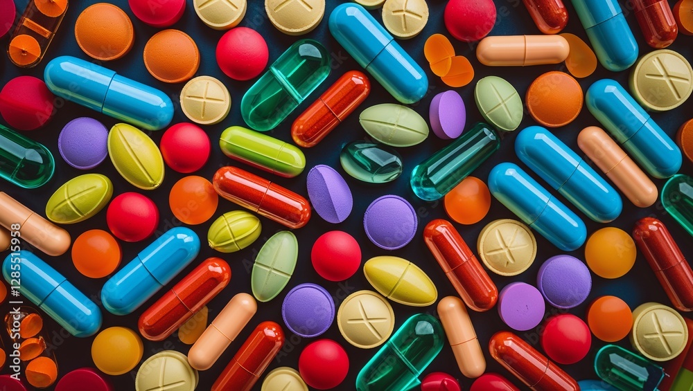 Colorful Pills and Tablets Arranged in Pattern on White Background ,health Colorful Pills and Tablets Arranged in Pattern on White Background ,health
