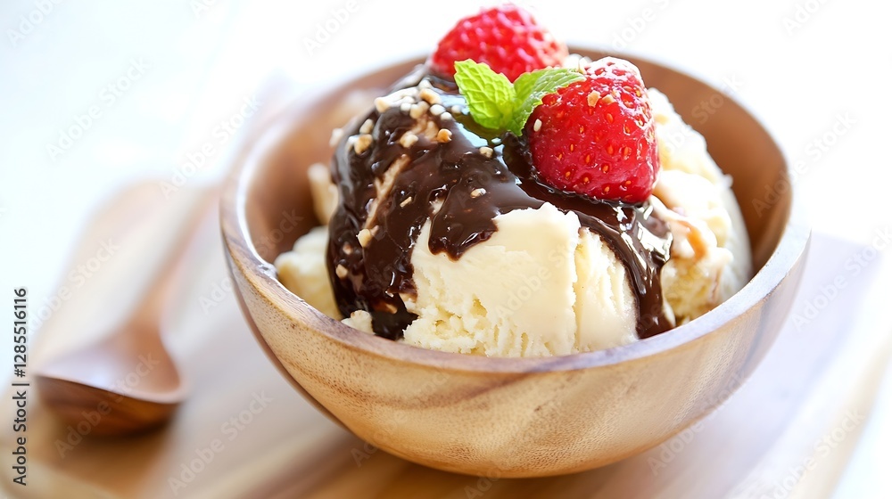 Delicious scoop of ice cream topped with fresh strawberries and chocolate sauce served in a wooden bowl : Generative AI Delicious scoop of ice cream topped with fresh strawberries and chocolate sauce served in a wooden bowl : Generative AI