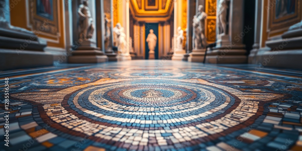 Obraz premium Mosaic floor leading to blurred statue in vatican museum
