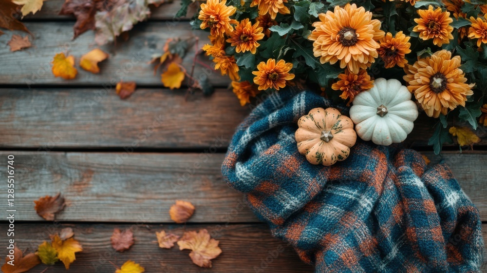 Autumnal Still Life with Pumpkins and Chrysanthemums on Wooden Background Autumnal Still Life with Pumpkins and Chrysanthemums on Wooden Background