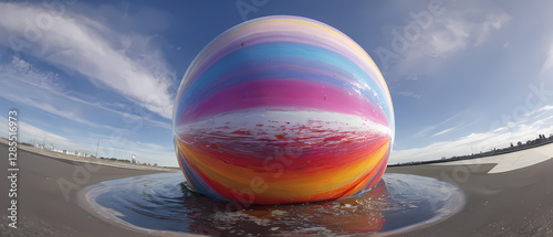 Vibrant spherical artwork reflecting its colorful surroundings under a clear sky. Generative AI