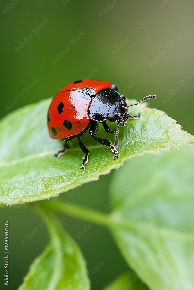 Close-Up of Vibrant Red Ladybug Resting on a Green Leaf in Natural Environment : Generative AI Close-Up of Vibrant Red Ladybug Resting on a Green Leaf in Natural Environment : Generative AI