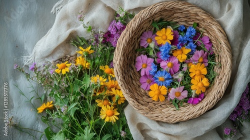 Colorful Wildflower Arrangement in a Rustic Basket