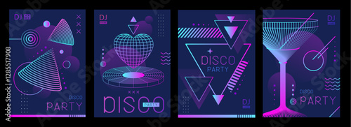 Set of retro futuristic holographic disco party posters, covers or banners with different geometric shapes. Fluorescent disco background. Flat design. Vector illustration