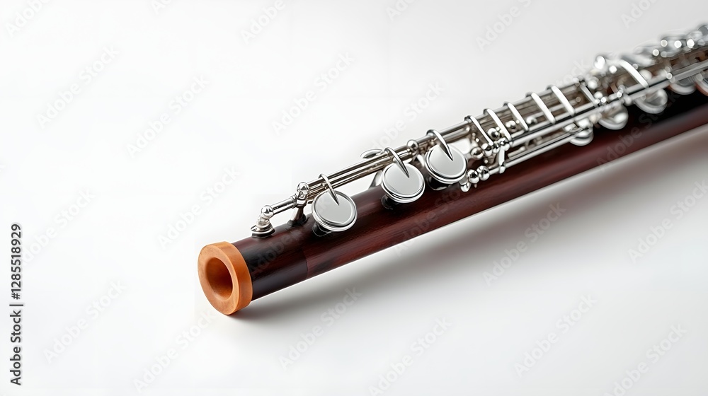 Naklejka premium Elegant and refined oboe with a dark wooden body and intricately designed silver plated keys captured against a clean minimalist white background showcasing the instrument s craftsmanship beauty